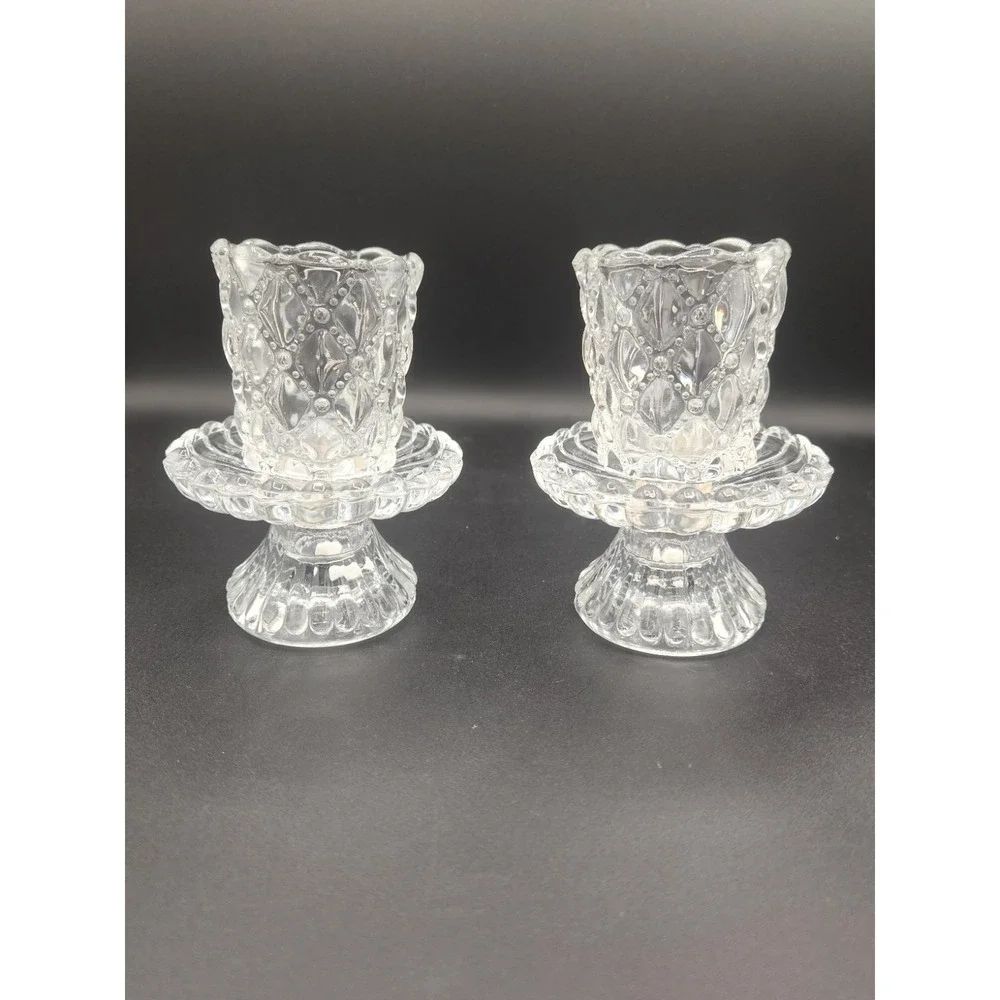 Partylite‎ P9246 Quilted Crystal Glass Votive Candle Holder Pair w/Box - Picture 2 of 6